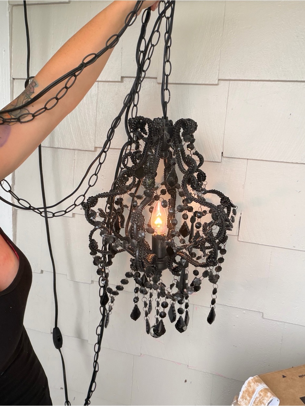 Vintage Black Beaded Mini Chandelier Pendant Light - Unbranded